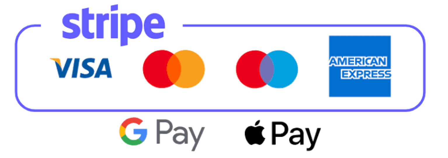 Stripe, Visa, Mastercard, American Express, Google Pay, Apple Pay